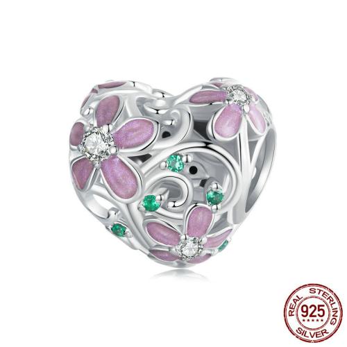 925 Sterling Silver Pärlor, Blomma, platinerade, DIY & micro bana cubic zirconia & emalj, 12x11mm, Hål:Ca 4.5mm, Säljs av PC