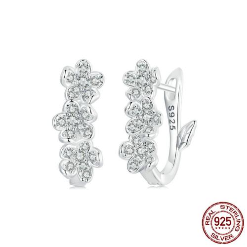 Argent sterling 925 boucle d'oreille leverback, fleur, Plaqué de platine, pavé de micro zircon & pour femme, 6x15mm, Vendu par paire