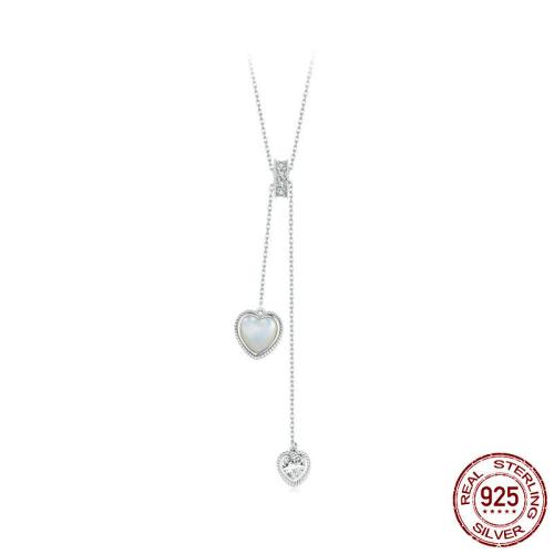 925 Sterling Silver Náhrdelník, s White Shell, Srdce, platina á, oválný řetězu & micro vydláždit kubické zirkony & pro ženy, Délka Cca 23.62 inch, Prodáno By PC