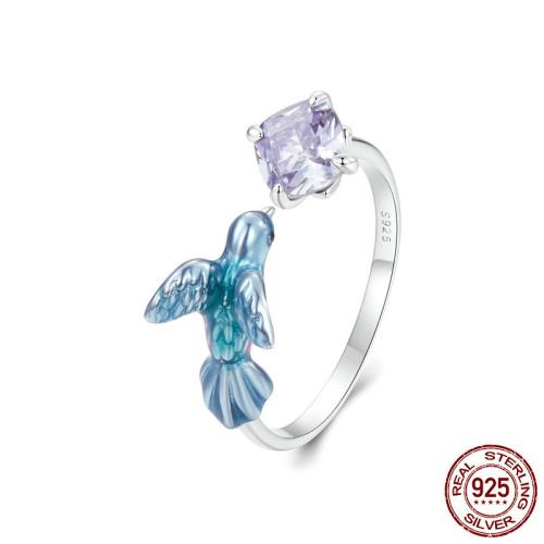 Argent sterling 925 Cuff Bague, oiseau, Plaqué de platine, pavé de micro zircon & pour femme & émail, Taille:6-8, Vendu par PC