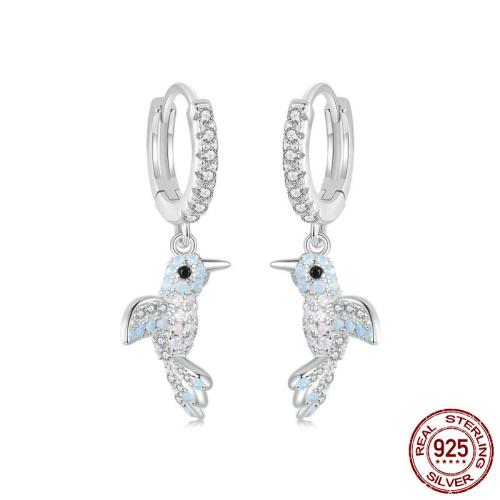 Argent sterling 925 Boucles d'oreilles pendantes Hoop Huggie, avec Opale, oiseau, Plaqué de platine, pavé de micro zircon & pour femme, 8x27mm, Vendu par paire