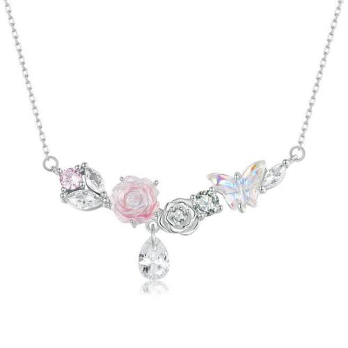 Plata de ley 925 collar, con resina, Flor, chapado en platina real, cadena oval & micro arcilla de zirconia cúbica & para mujer, longitud aproximado 19.69 Inch, Vendido por UD