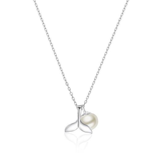 Circón cúbico micr3ofono pavimenta collar de plata esterlina, Plata de ley 925, con Shell Pearl, con 5cm extender cadena, Cola de sirena, Joyería & micro arcilla de zirconia cúbica & para mujer, longitud aproximado 40 cm, Vendido por UD