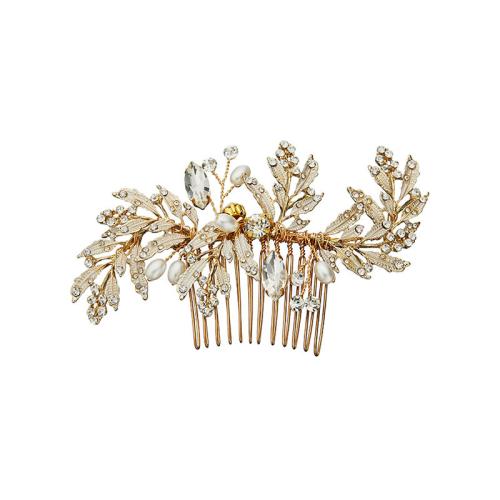 Decoratieve Kammen, Zinc Alloy, met Plastic Pearl, mode sieraden & voor vrouw & met strass, gouden, 105x70mm, Verkocht door PC