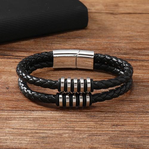 PU leder koord armbanden, Zinc Alloy, met PU & 304 roestvrij staal, voor de mens, zwart, Verkocht door PC