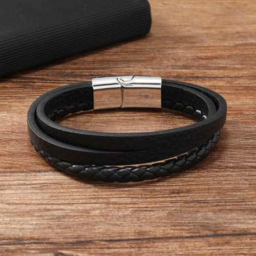 Bracelets cordon PU, alliage de zinc, avec cuir PU, pour homme, noire, Vendu par PC