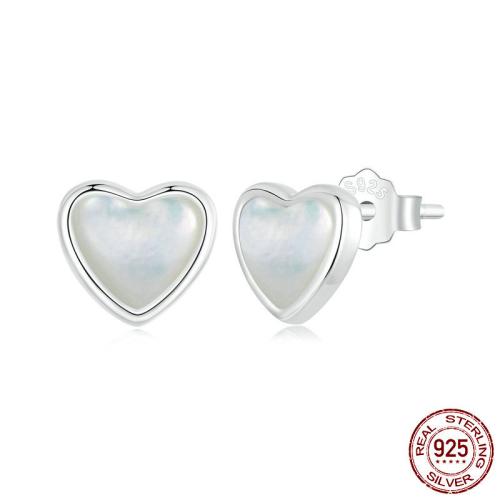 925 Sterling Sølv Stud Earring, med White Shell, Heart, platineret, mode smykker & for kvinde, 8x7mm, Solgt af par