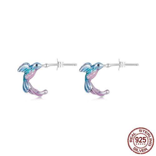 925 Sterling Sølv Stud Earring, Bird, platineret, for kvinde & emalje, 8x13mm, Solgt af par