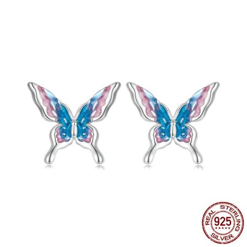 925 Sterling Sølv Stud Earring, Butterfly, platineret, for kvinde & emalje, 10x9mm, Solgt af par