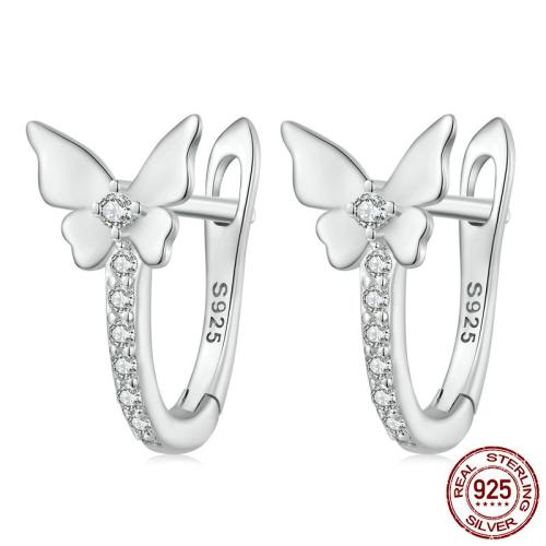 925 de prata esterlina Brincos de fecho, Borboleta, platinado, micro pavimento em zircônia cúbica & para mulher, 14x7mm, Diametro interno:Aprox 7mm, vendido por par