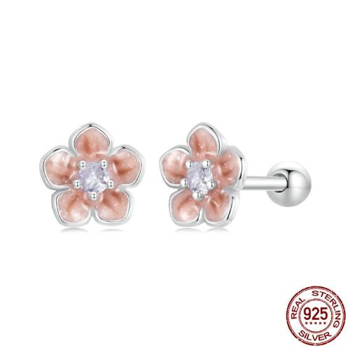 Argent sterling 925 boucle d oreille dormeuse, fleur, Plaqué de platine, pour femme & émail, 7mm, Vendu par paire