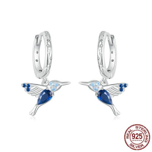 Argent sterling 925 Boucles d'oreilles pendantes Hoop Huggie, avec Opale, Colibri, Plaqué de platine, pavé de micro zircon & pour femme, 13x23mm, Vendu par paire