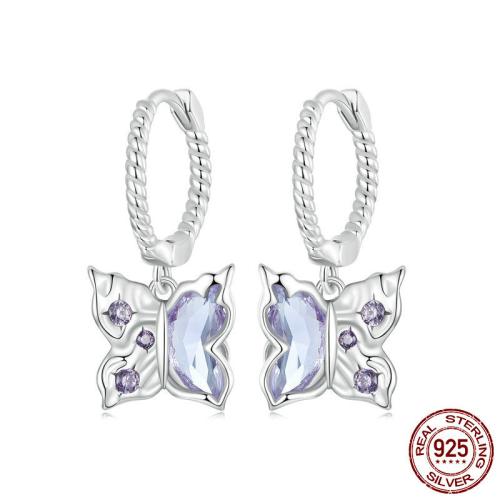 Argent sterling 925 Boucles d'oreilles pendantes Hoop Huggie, avec verre, papillon, Plaqué de platine, pavé de micro zircon & pour femme, 10x22mm, Vendu par paire