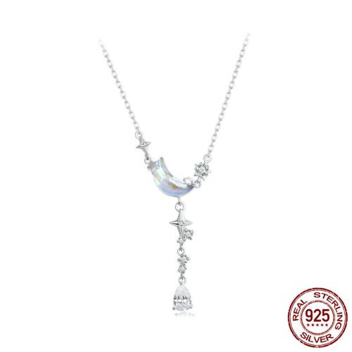 925 de prata esterlina colar, with vidro, with 1.97inch extender chain, Lua e estrela, platinado, cadeia oval & micro pavimento em zircônia cúbica & para mulher, comprimento Aprox 15.75 inchaltura, vendido por PC