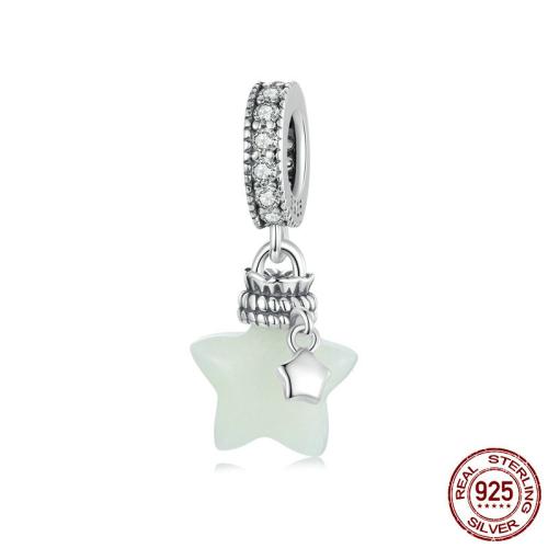 Cubic Zirconia Micro Pave Pingente de Prata Sterling, 925 de prata esterlina, with Night-Light+Stone Night-Light + Stone, Estrela, platinado, DIY & micro pavimento em zircônia cúbica & luminosa, 10x22mm, Buraco:Aprox 4.5mm, vendido por PC