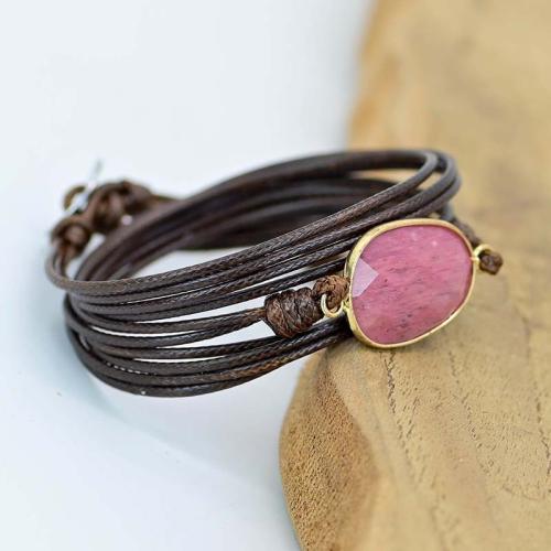 Trendy Wax cord armbanden, Zinc Alloy, met Wax & Grain Stone, mode sieraden & multilayer & voor vrouw, bruin, Lengte Ca 17.5 cm, Verkocht door PC