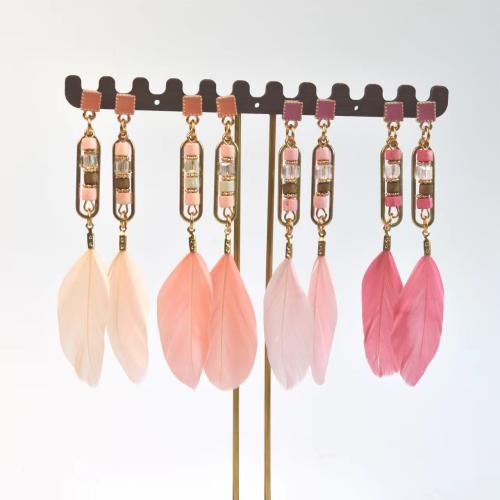 Mode Feather Earring, Veer, met Kristal & Hout & Zinc Alloy, gold plated, mode sieraden & voor vrouw & glazuur, meer kleuren voor de keuze, 15x85mm, Verkocht door pair