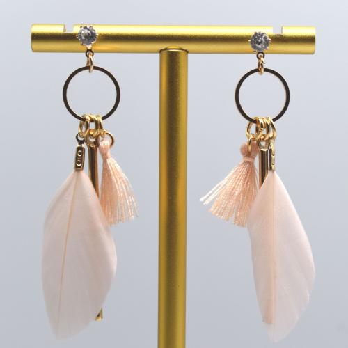 Mode fjer ørering, Feather, med Cubic Zirconia & Polyester & Zinc Alloy, guldfarve belagt, mode smykker & for kvinde, flere farver til valg, 15x60mm, Solgt af par