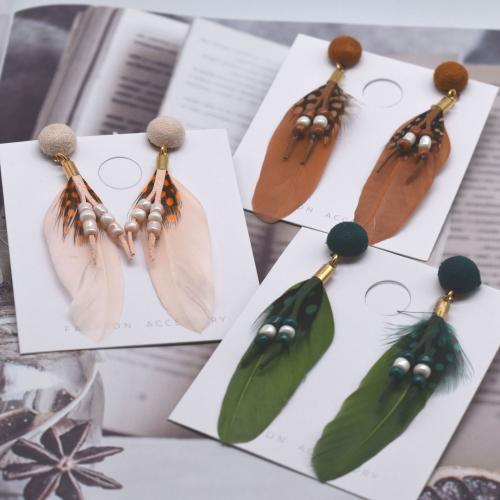 Mode Feather Earring, Veer, met Katoenfluweel & Seedbead & Zinc Alloy, gold plated, mode sieraden & voor vrouw, meer kleuren voor de keuze, 55mm, Verkocht door pair