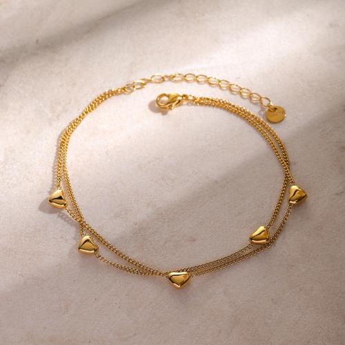 Anklet de acero inoxidable, acero inoxidable 304, con 5cm extender cadena, Corazón, Doble capa & Joyería & para mujer, dorado, longitud aproximado 21 cm, Vendido por UD