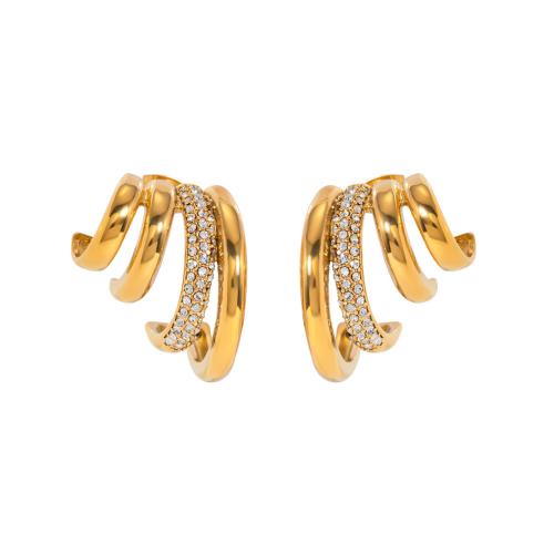 Stainless Steel Stud Earrings 304 Stainless Steel 18K gold plated fashion jewelry & for woman & with rhinestone golden Sold By Pair