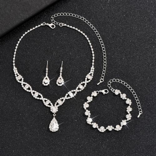 Zinc Alloy Jewelry Sets bracelet & earring & necklace silver color plated three pieces & for woman & with rhinestone nickel lead & cadmium free Sold By Set