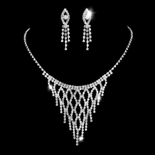 Zink Alloy Jewelry Sets, örhänge & halsband, silver pläterad, 2 stycken & för kvinna & med strass, nickel, bly och kadmium gratis, Säljs av Ställ