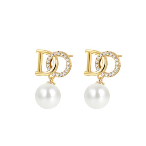 Cubic Zirconia Micro Pave Brass Earring with Plastic Pearl plated micro pave cubic zirconia & for woman Sold By Pair