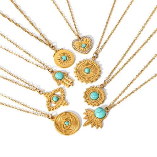 Collier de bijoux en acier inoxydable, Acier inoxydable 304, avec turquoise, Placage, styles différents pour le choix & pavé de micro zircon & pour femme, doré, Vendu par PC