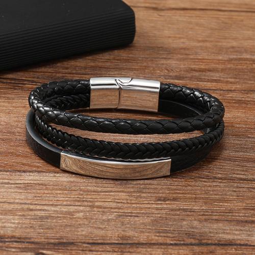 PU leder koord armbanden, Zinc Alloy, met PU & 304 roestvrij staal, voor de mens, zwart, Verkocht door PC