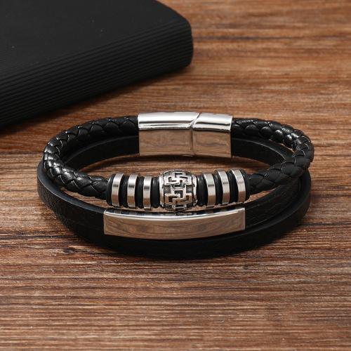 Bracelets cordon PU, alliage de zinc, avec Aimant & cuir PU & Acier inoxydable 304, pour homme, noire, Vendu par PC