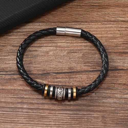 PU Cord Armbånd, Zinc Alloy, med Magnet & PU & 304 rustfrit stål, for mennesket, sort, Solgt af PC