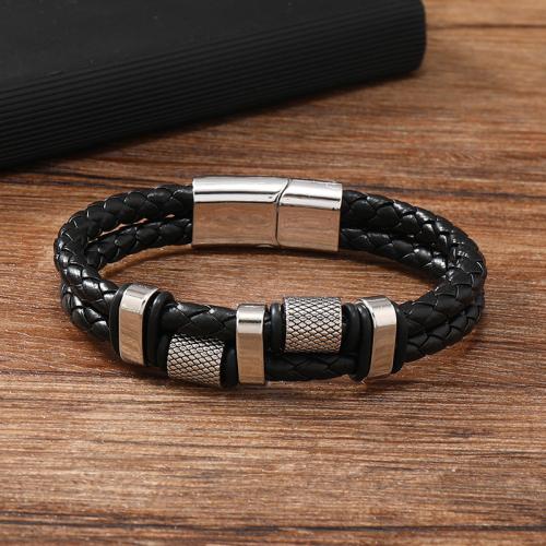 PU leder koord armbanden, Zinc Alloy, met Magneet & PU & 304 roestvrij staal, plated, voor de mens, zwart en bruin, Verkocht door PC