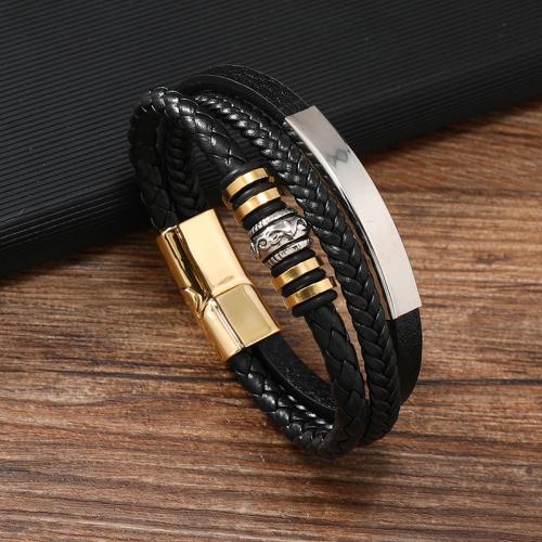 PU Leather Cord Bracelets Zinc Alloy with PU Leather & 304 Stainless Steel for man black Sold By PC