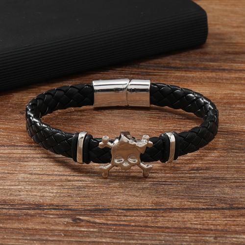 PU Leather Cord Bracelets Zinc Alloy with PU Leather & 304 Stainless Steel plated for man black Sold By PC