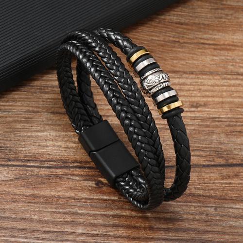 Bracelets cordon PU, alliage de zinc, avec cuir PU & Acier inoxydable 304, pour homme, noire, Vendu par PC