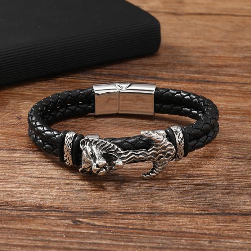 Bracelets cordon PU, alliage de zinc, avec cuir PU, Placage, pour homme, noire, Vendu par PC