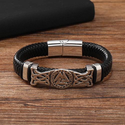 PU leder koord armbanden, Zinc Alloy, met PU & 304 roestvrij staal, plated, voor de mens, zwart, Verkocht door PC