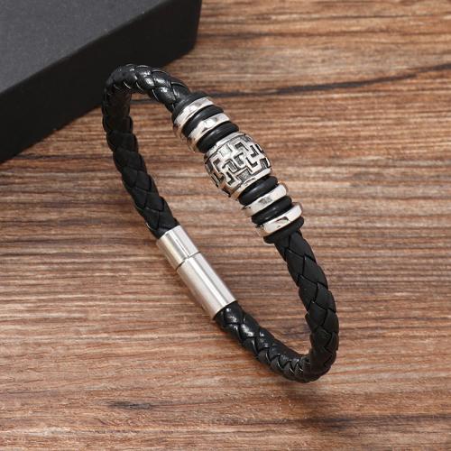 PU leder koord armbanden, Zinc Alloy, met Magneet & PU & 304 roestvrij staal, handgemaakt, voor de mens, zwart, Verkocht door PC