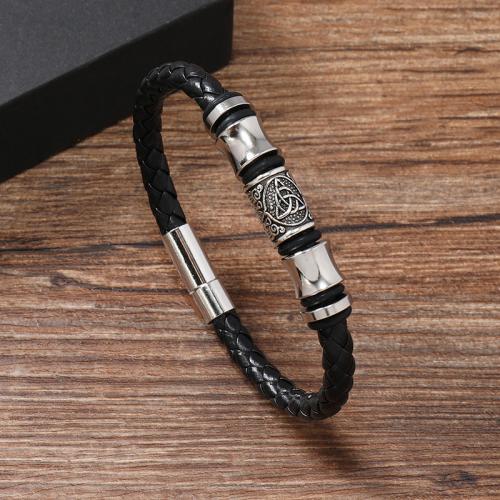 PU Cord Armbånd, Zinc Alloy, med PU & 304 rustfrit stål, håndlavet, for mennesket, sort, Solgt af PC