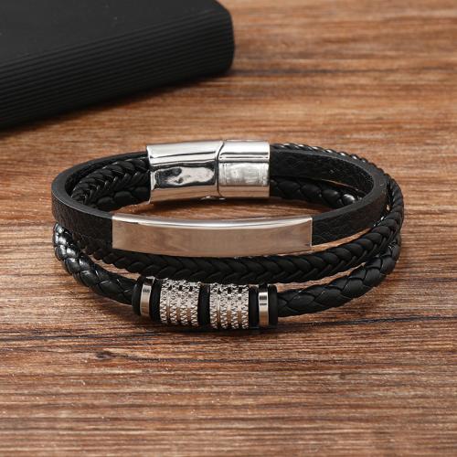 PU leder koord armbanden, Zinc Alloy, met PU & 304 roestvrij staal, handgemaakt, voor de mens, zwart, Verkocht door PC