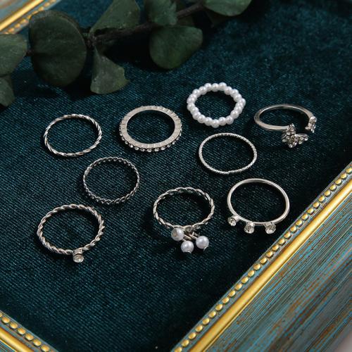 Sinc Alloy Ring Set, le Crystal & Pearl Plaisteacha, plátáilte, naoi bpíosa & do bhean, dathanna níos mó le haghaidh rogha, Díolta De réir Socraigh