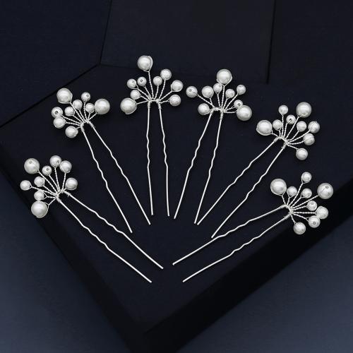 Palillos para el Cabello, metal, con Perlas plásticas, Joyería & para mujer, plateado, 85x30mm, 6PCs/Bolsa, Vendido por Bolsa