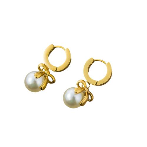 Earring Buail Huggie, 304 Cruach dhosmálta, le Pearl Plaisteacha, jewelry faisin & do bhean, órga, inside diameter 12mm, outside diameter 16mm, Díolta De réir Péire