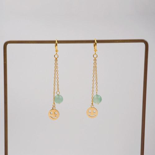 Boucles d'oreilles en pierres précieuses, laiton, avec Jade & Acier titane, Placage, bijoux de mode, doré, protéger l'environnement, sans nickel, plomb et cadmium, 68mm, Vendu par paire