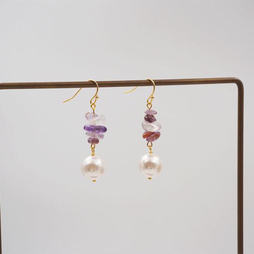 Gemstone Earrings, cobre, with misto de pedras semi-preciosas & Concha de resina, banhado, joias de moda, roxo, níquel, chumbo e cádmio livre, 48mm, vendido por par