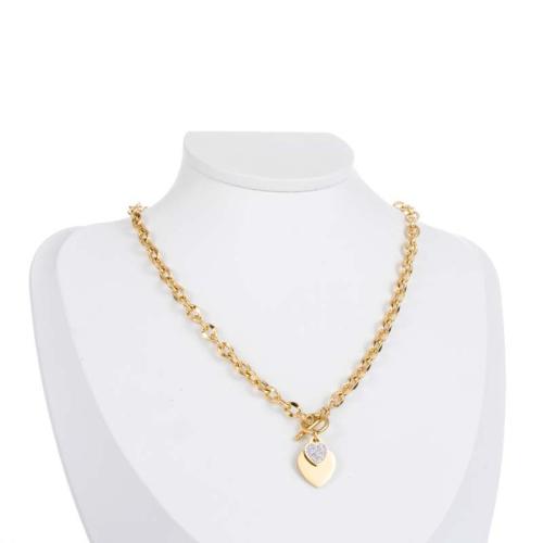 Collier d'acier titane, coeur, pavé de micro zircon & pour femme, doré, Longueur Environ 41-50 cm, Vendu par PC