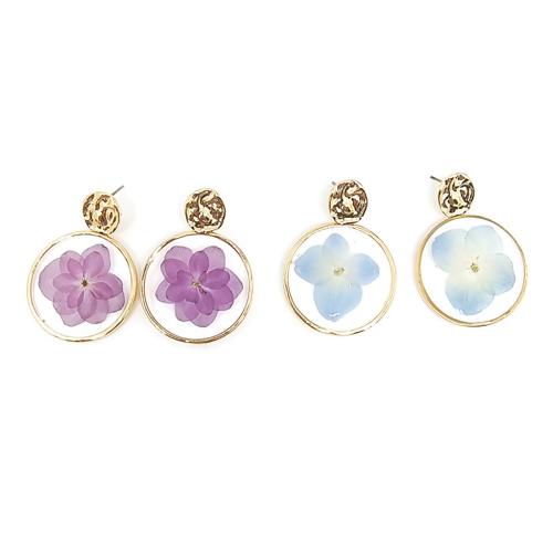 Bijoux de fleurs séchées pressées, alliage de zinc, avec Fleurs séchées & résine, goutté d'époxy, styles différents pour le choix & pour femme, plus de couleurs à choisir, Vendu par paire