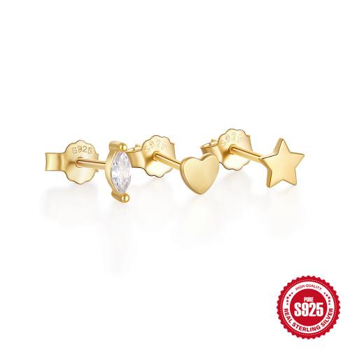 Argent sterling 925 Stud Set, 3 pièces & pavé de micro zircon & pour femme, plus de couleurs à choisir, Vendu par fixé