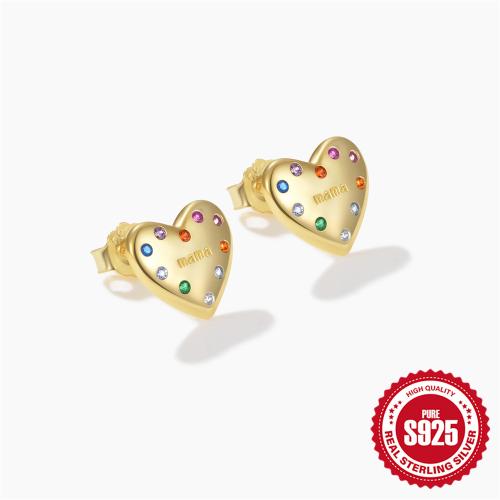 925 sterline d'argento orecchini a borchia, Cuore, Micro spianare cubic zirconia & per la donna, nessuno, 11.50x10mm, Venduto da coppia